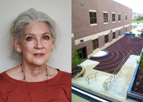 photograph of Elinor Markle next to photo of landscape details around a building